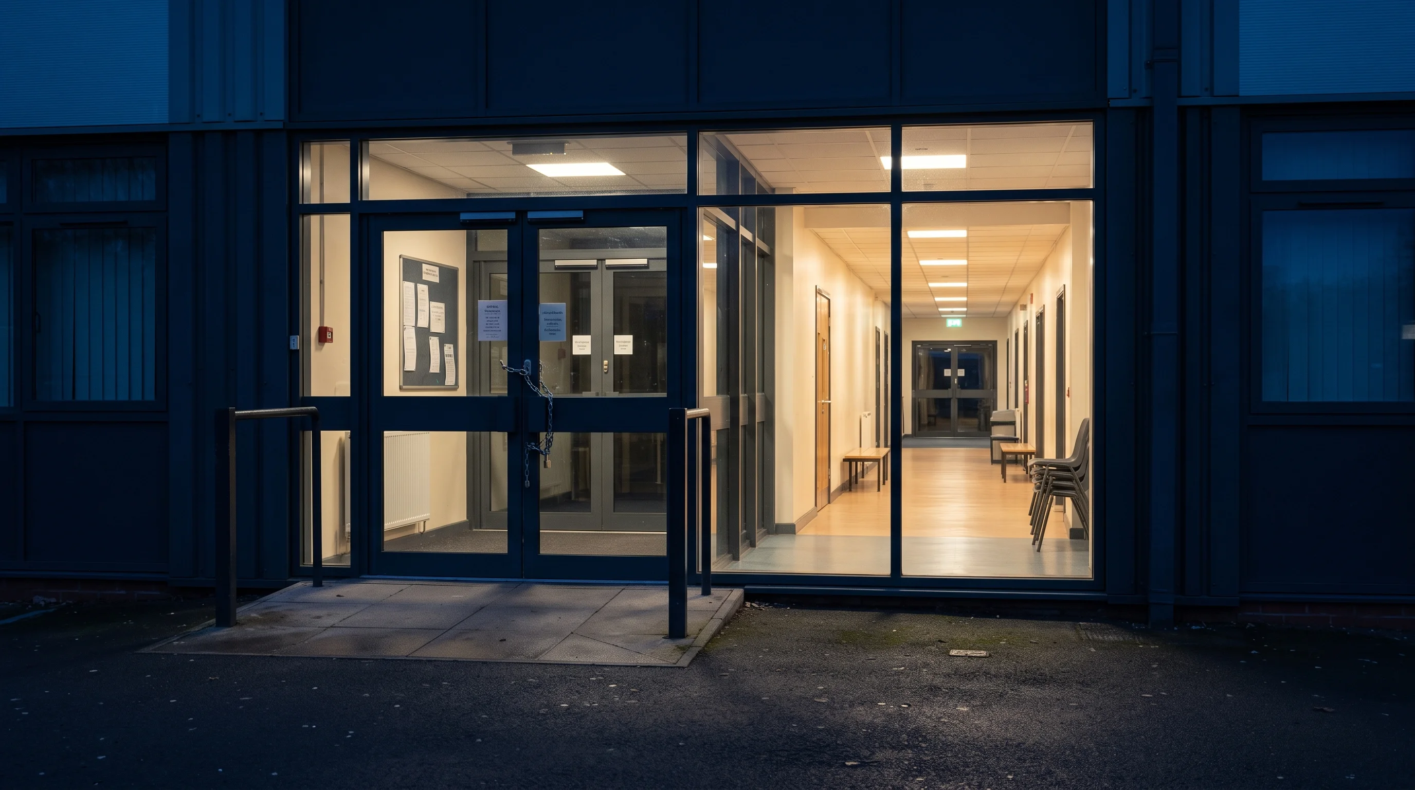 A school entrance at first light, doors still locked, clean floors gleaming inside under one warm interior light against a cold blue dawn sky