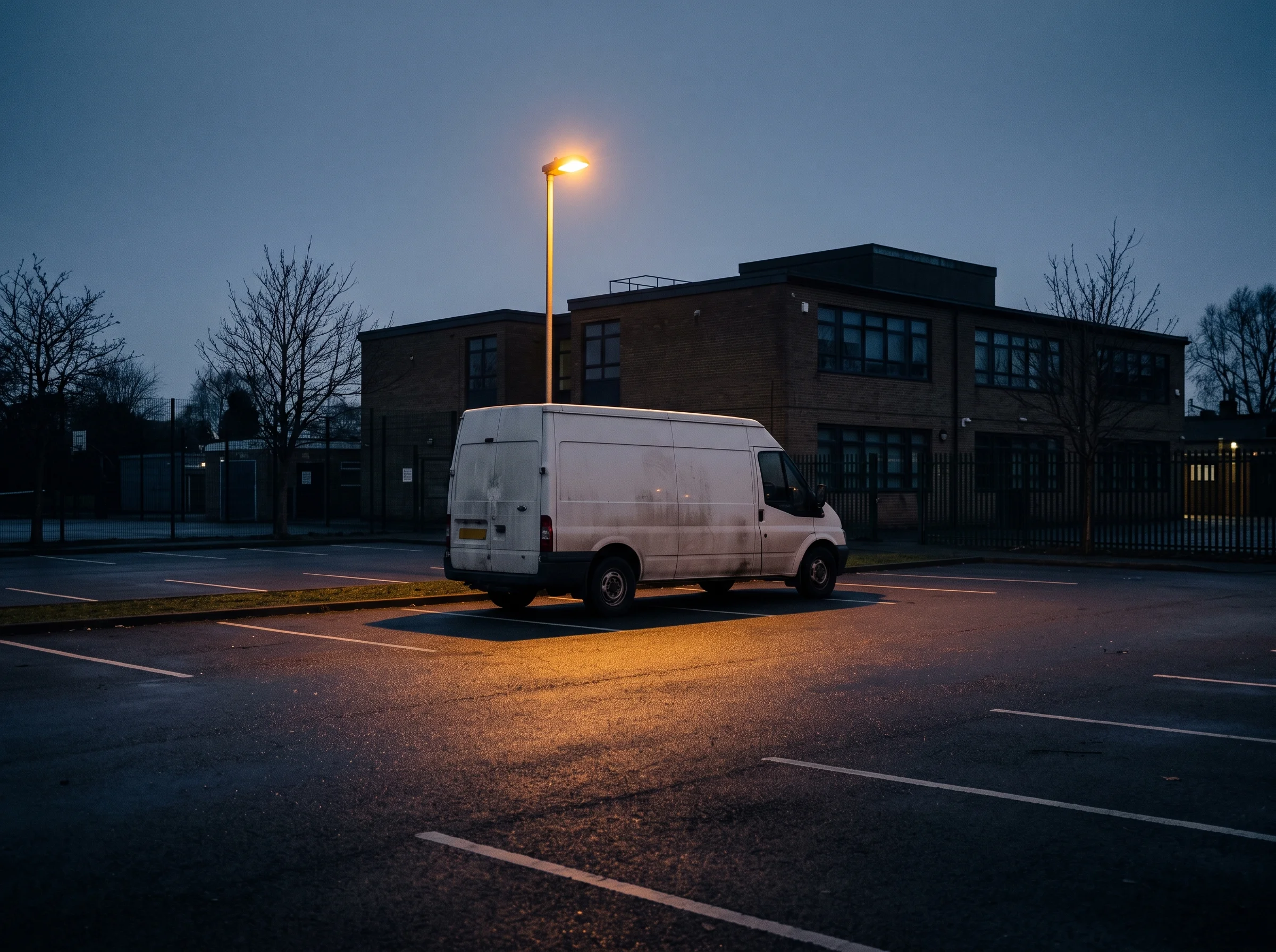A works van parked alone in a dark school car park under an amber sodium streetlamp, Derby rooftops grey-blue at first light behind