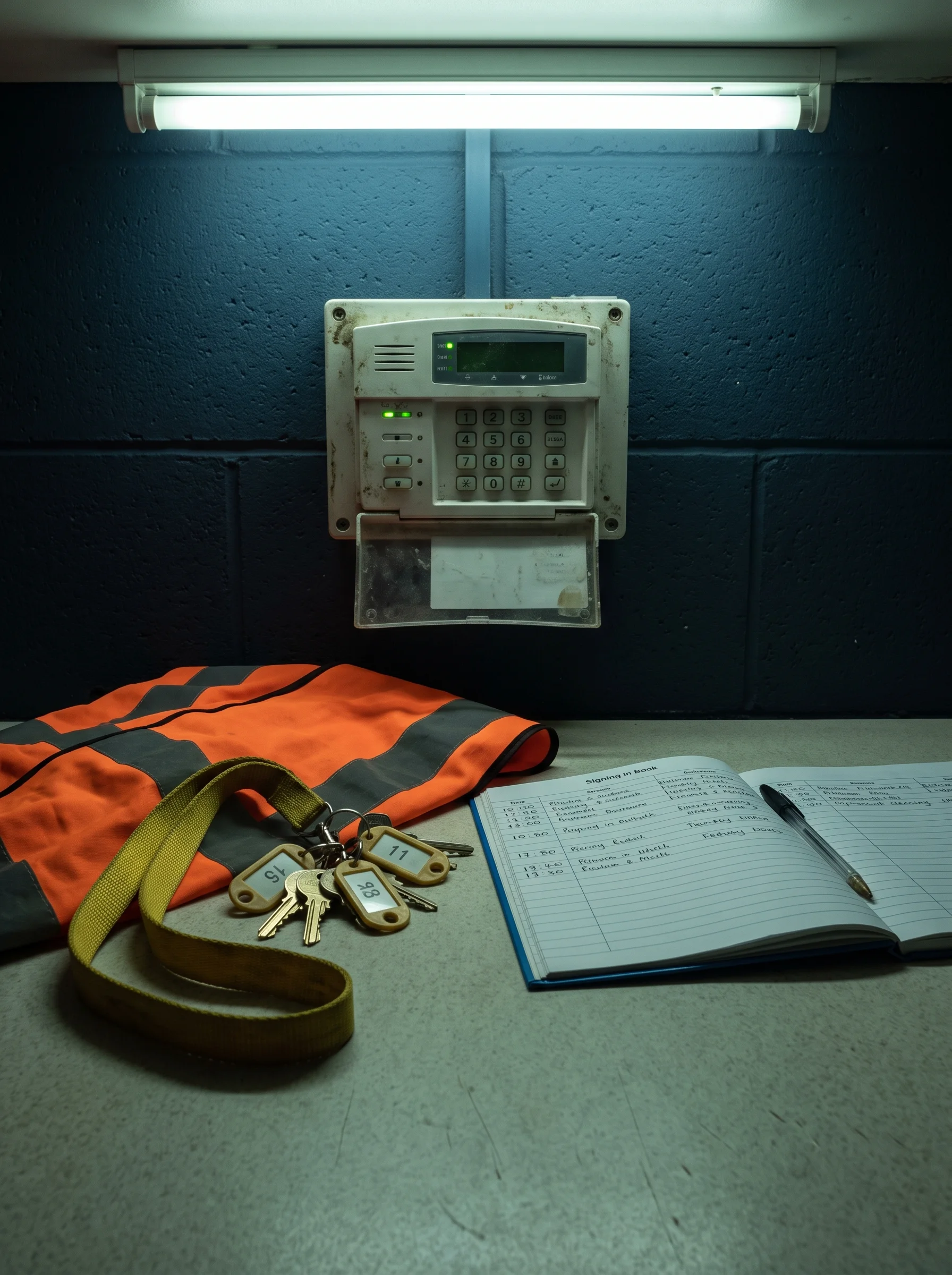 Numbered keys on a lanyard resting on a hi-vis tabard beside an open signing-in book and a wall-mounted alarm panel