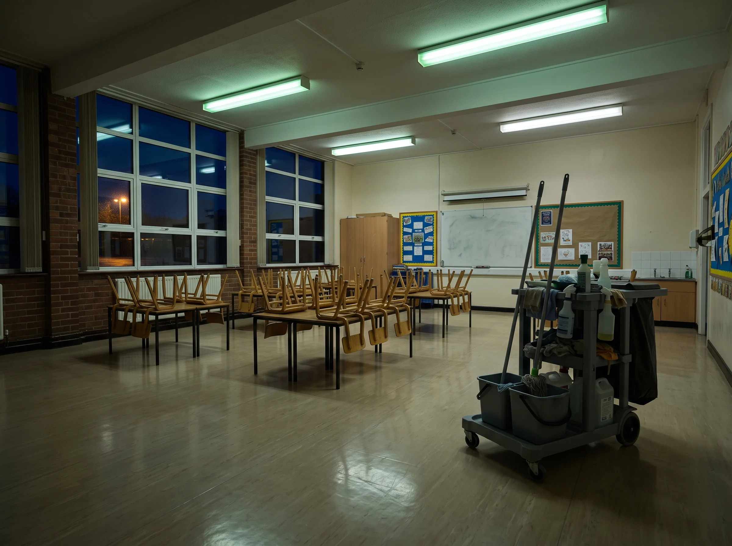 An empty classroom with chairs stacked upside down on tables and a cleaning cart in the foreground under bright fluorescent lights.