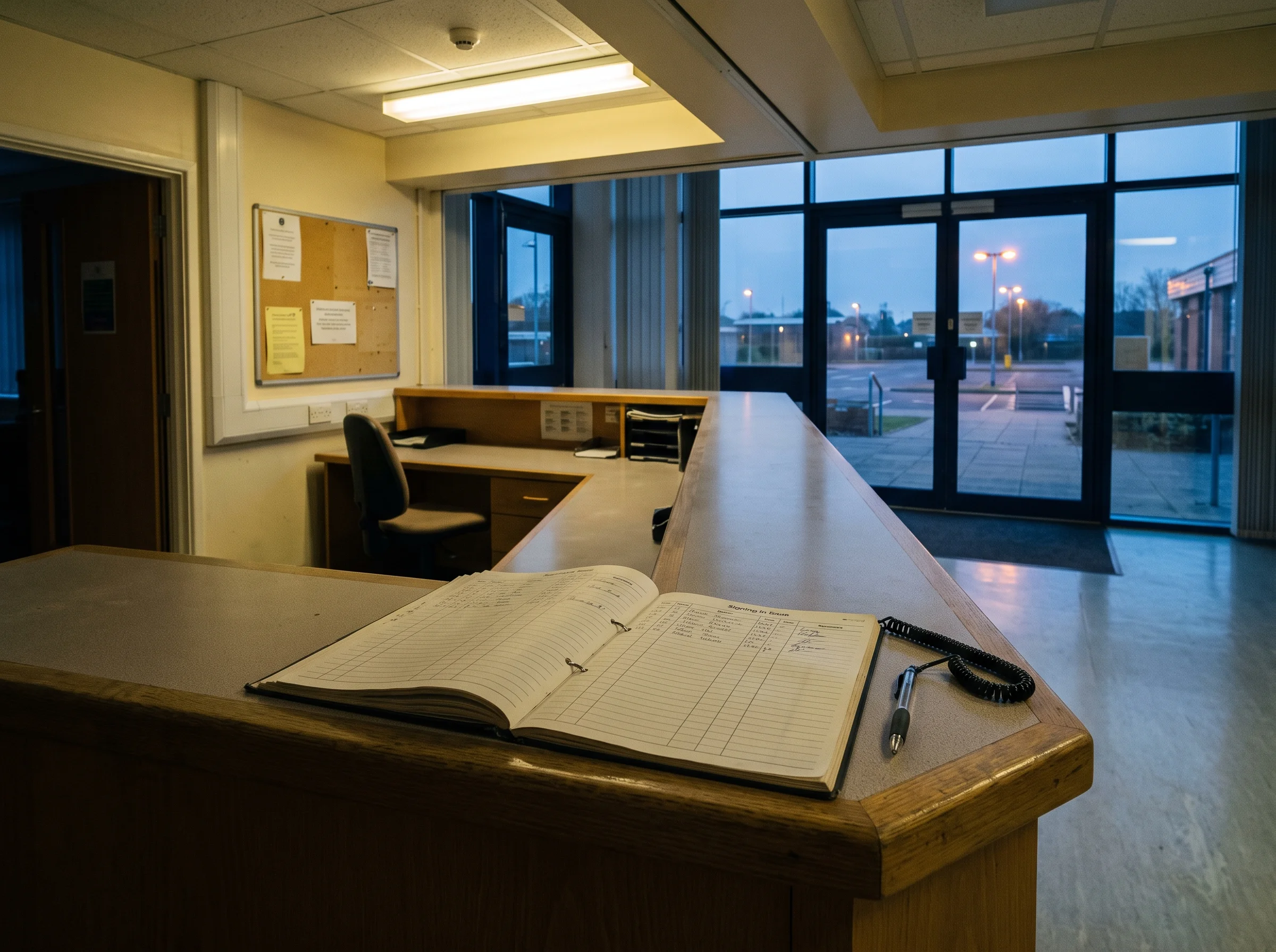 Empty school reception at first light with the visitor signing-in book open on the counter and grey-blue dawn sky through the doors