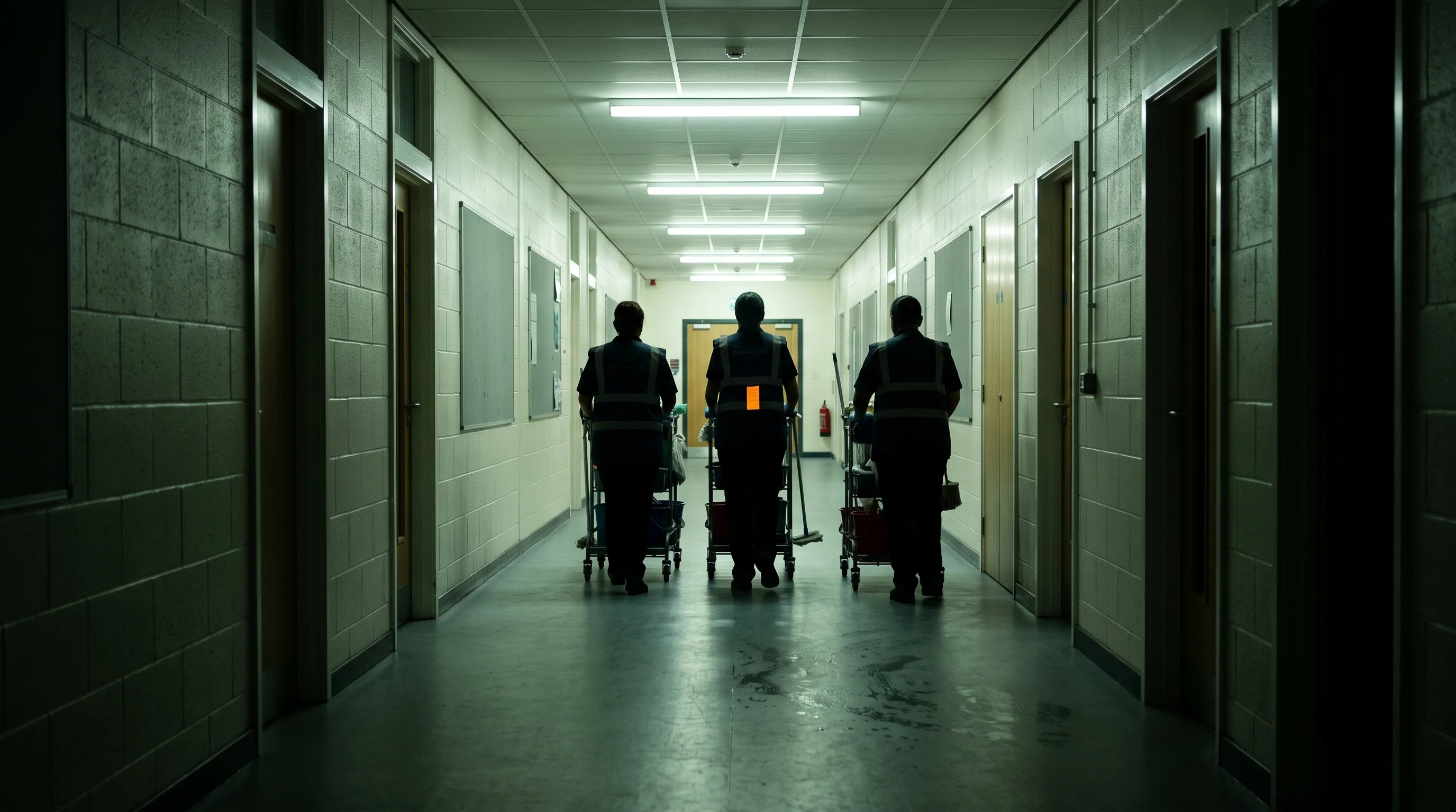 Three cleaners with trolleys and mops silhouetted at the far end of a long fluorescent-lit corridor, backs to camera
