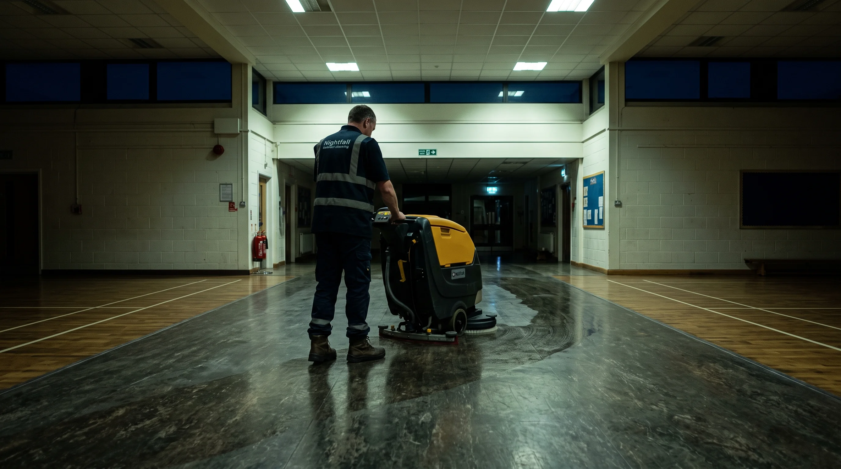 A worker uses a rotary floor scrubber in a school hallway at night.